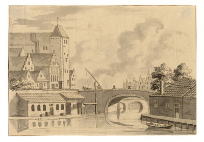 35109 Gezicht op de Oudegracht te Utrecht met de Jansbrug en het huis Oudaen, uit het zuiden.